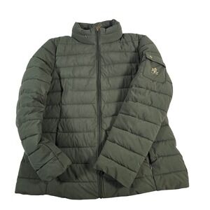 Ralph Lauren RL Puffer Jacket Green Quilted Full Zip Stand Collar Women Sz L